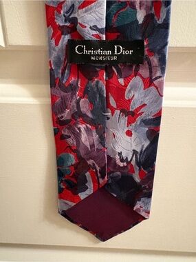 Dior Monsieur Red Floral Silk Tie with Blue and Gray Accents